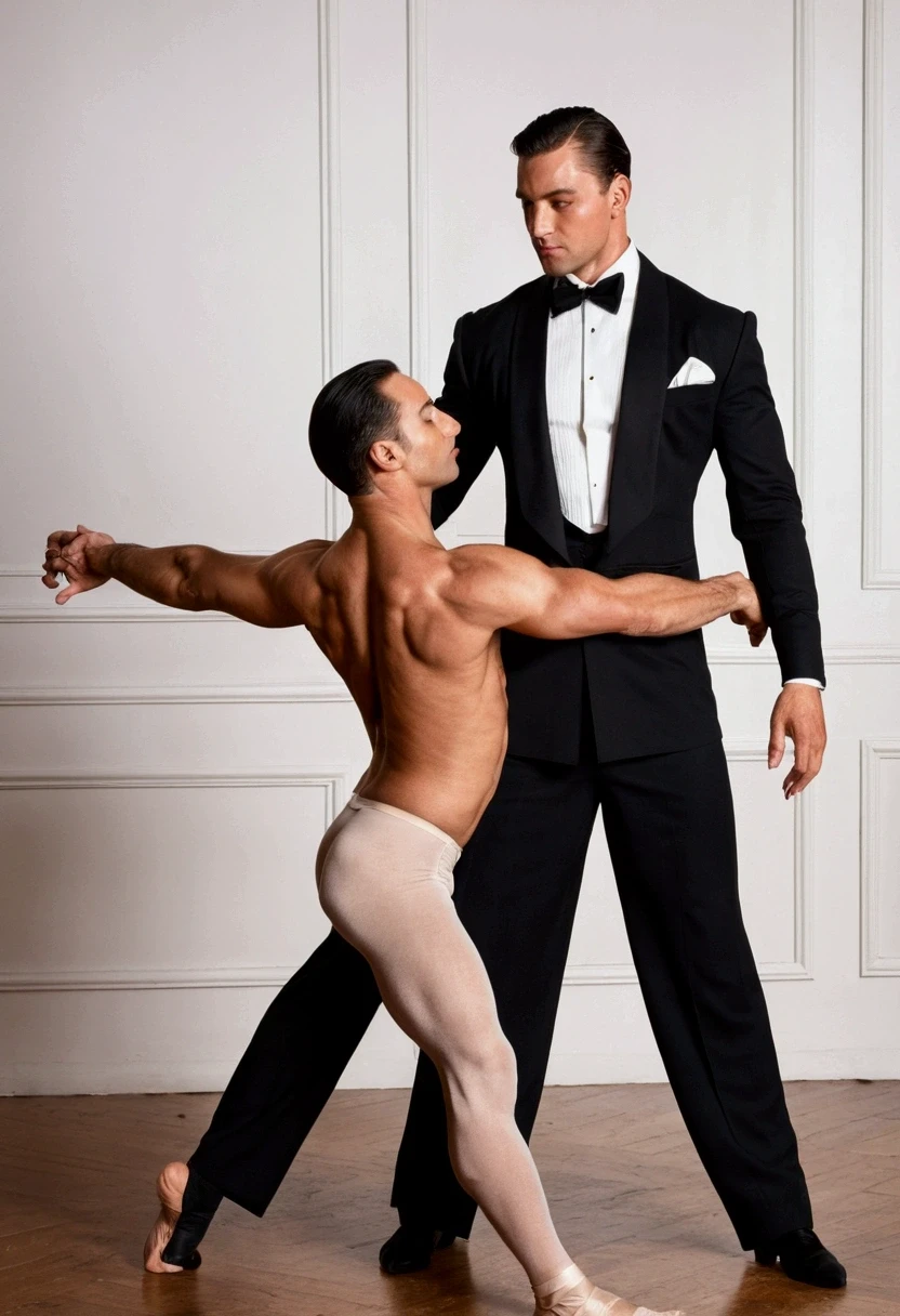 Gay naked ballet dancer with the leg raised high sex position bodyguard hug bare pectoral chest fucking by tango dancer gay dark black shirts and black tie dancer hall salon
