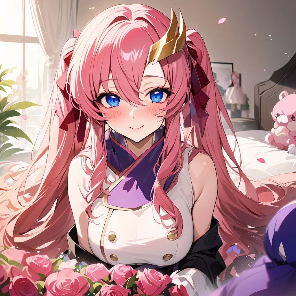 ((Highest quality)), ((masterpiece)), (detailed), （Perfect Face）、The woman is Lacus Lam Tao, a member of the Foundation and wife of Orpheus, King of Accord. She is wearing an engagement ring, beautifully decorated jewelry, and a gorgeous hair ornament.、Lacus, Lam, Tao has blue eyes, medium-long pink hair, and loves Orpheus deeply and dearly.、Beloved wife of Orpheus, King of Accord