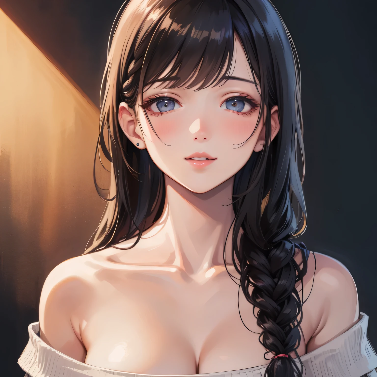 a beautiful woman with long black braided hair, seductive soft eyes, blushing hard, pink parted lips with a seductive smile, long neck and collarbone, medium chest and cleavage, wearing an off-shoulder t-shirt exposing her bare shoulders, (best quality,4k,8k,highres,masterpiece:1.2),ultra-detailed,(realistic,photorealistic,photo-realistic:1.37),intricate details,highly detailed face,extremely detailed eyes and face,longeyelashes,beautiful detailed lips,extremely detailed skin,cinematic lighting,warm color tones,chiaroscuro lighting,romantic,sensual,intimate,alluring,captivating