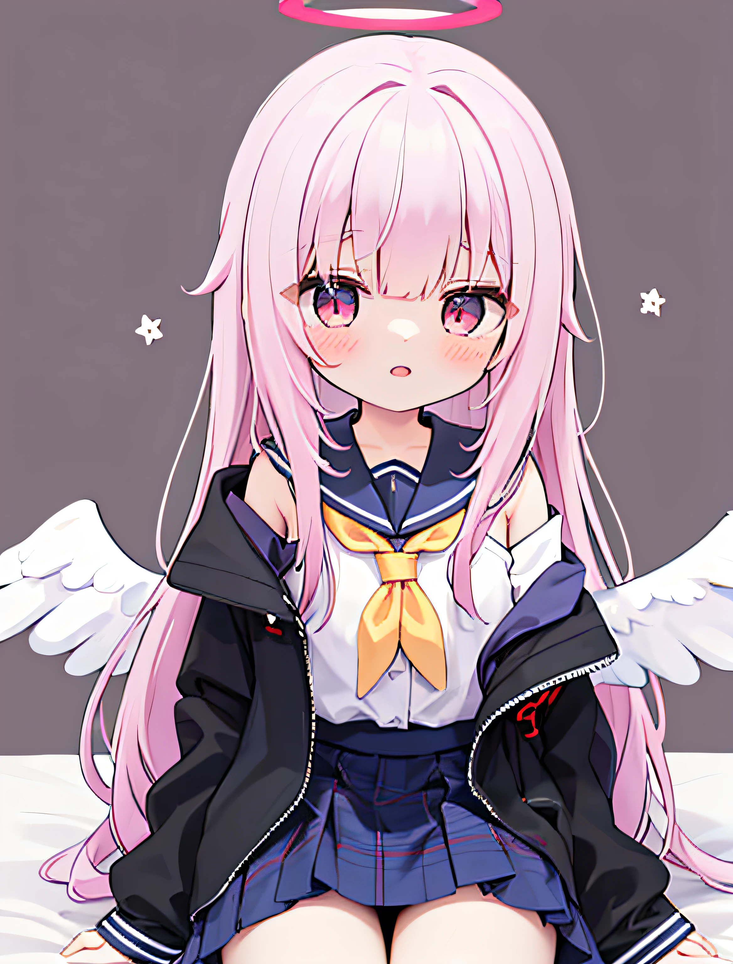 Masterpiece, (Best quality), Extremely detailed unified 8k wallpaper, Illustrations,1girll, (Azusadev:1.1),angel, angel_Wings, bangs, Blush, Blush_Stickers, bow, checkered_Background, Detached_Wings, dress, feater_Wings, Hair_decorations, Halo, Jacket, Long_Hair, Long_Sleeves, Looking_at_peeping at the viewer, Mini_Wings, Off_Shoulder, Open_clothes, Open_Jacket, Pink_Eyes, tartan, tartan_Background, sailors_Collar, Single_wing, Sitting, Skirt, Sleeves_passado_wrists, Solo, Star_\(symbol\), Very_Long_Hair, White_Skirt, White_Wings, Wings