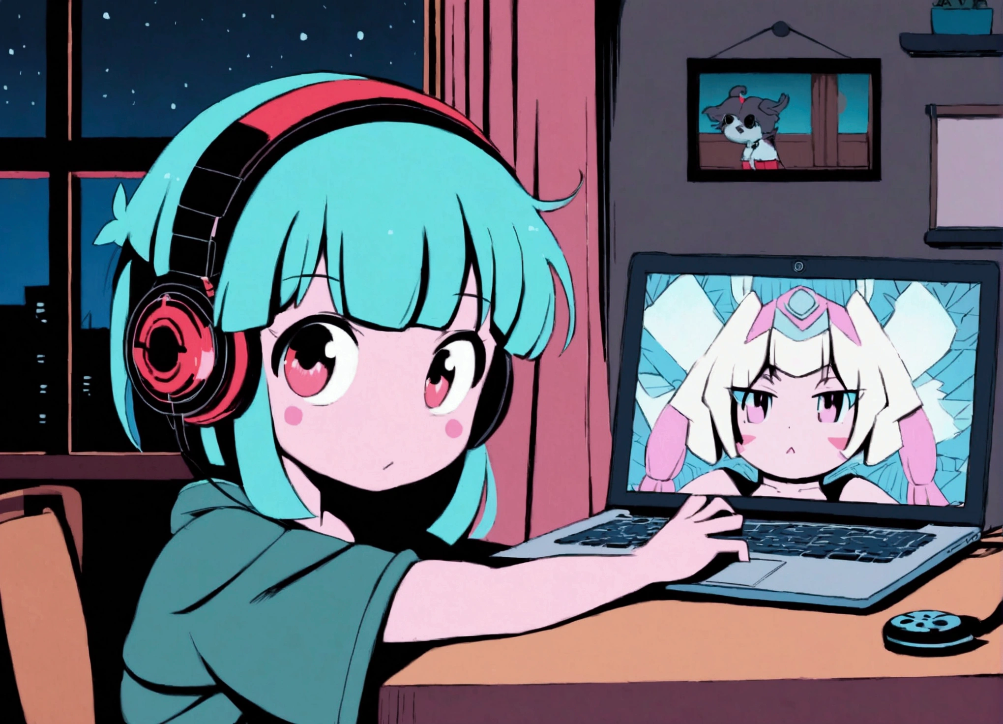 Anime girl sitting at a table with a laptop and headphones, Night view from the window, zeroガール, Praise the art style, Portrait of Rofi, Lofi Art, Low-fi Sensation, zero, zeroバイブ, Chill Hop, Lo-fi girl aesthetic, Lo-fi art, zeroカラー, Lo-fi style illustration, Hip Hop Lofi, Lo-fi aesthetic