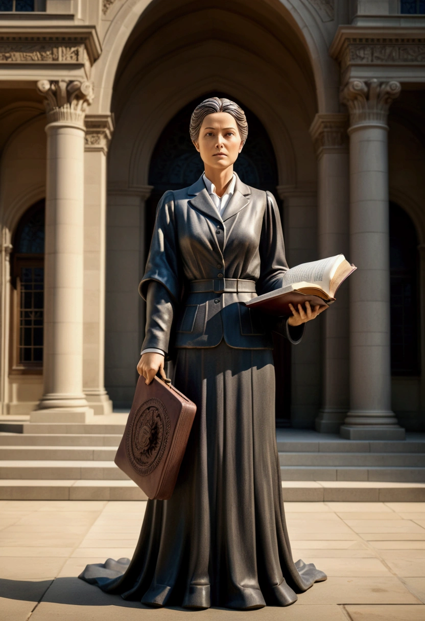 (Lawyer), In front of the magnificent court, a statue of a female lawyer holding a legal code inspires everyone who sees it with the spirit of the rule of law, full body, award-winning, cinematic still, emotional, vignette, dynamic, vivid, (masterpiece, best quality, photorealistic, Professional, perfect composition, very aesthetic, absurdres, ultra-detailed, intricate details:1.3)