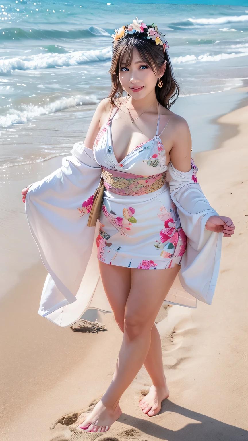 (High resolution photo, bust, 1 girl, 28 years old, woman, facial details, baby fat, waist accessories, smile, showing less teeth, white skin, full body, floral mini skirt kimono, model pose, at the beach)