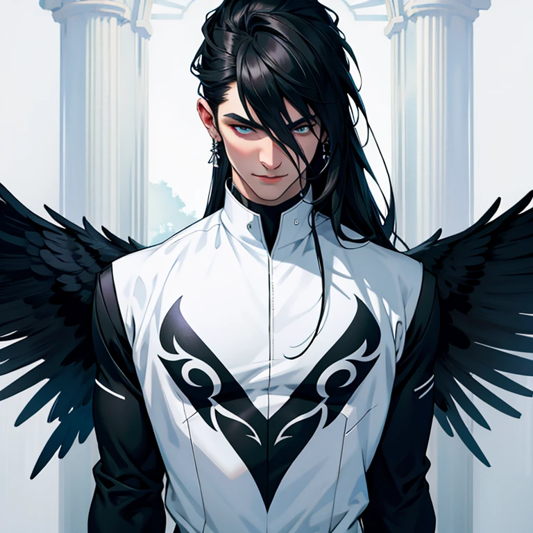 (Artwork, best quality, ultra HD, 8k, wall-paper), Cinematic sensation, perfect hands, perfecteyeballs, eyeballs detalhados, a man with very obvious black wings, fully body, Large and elegant white costume with strategic black details, displaying the powerful black tones on both characters&#39;eyeballs,, renderize a arte em uma impressionante resolução de 8k para mostrar todos os detalhes complexos, bringing the character and scene to life, set the stage under a clear, star-studded night sky, with the full moon casting its ethereal glow over the environment, capture the cinematic essence.