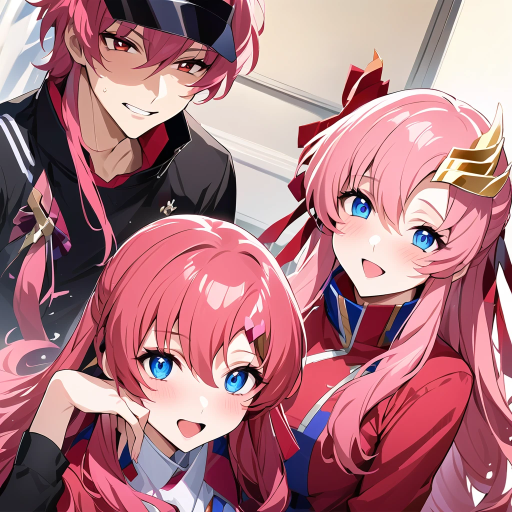 ((Highest quality)), ((masterpiece)), (detailed), (Perfect Face)、The woman is Lacus Lam Tao, a member of the Foundation and wife of Orpheus, King of Accord. She is wearing the Foundation uniform, an engagement ring, beautifully decorated accessories, and a gorgeous hair ornament.、Lacus, Lam, Tao has blue eyes, medium-long pink hair, and loves Orpheus deeply and dearly.、Beloved wife of Orpheus, King of Accord