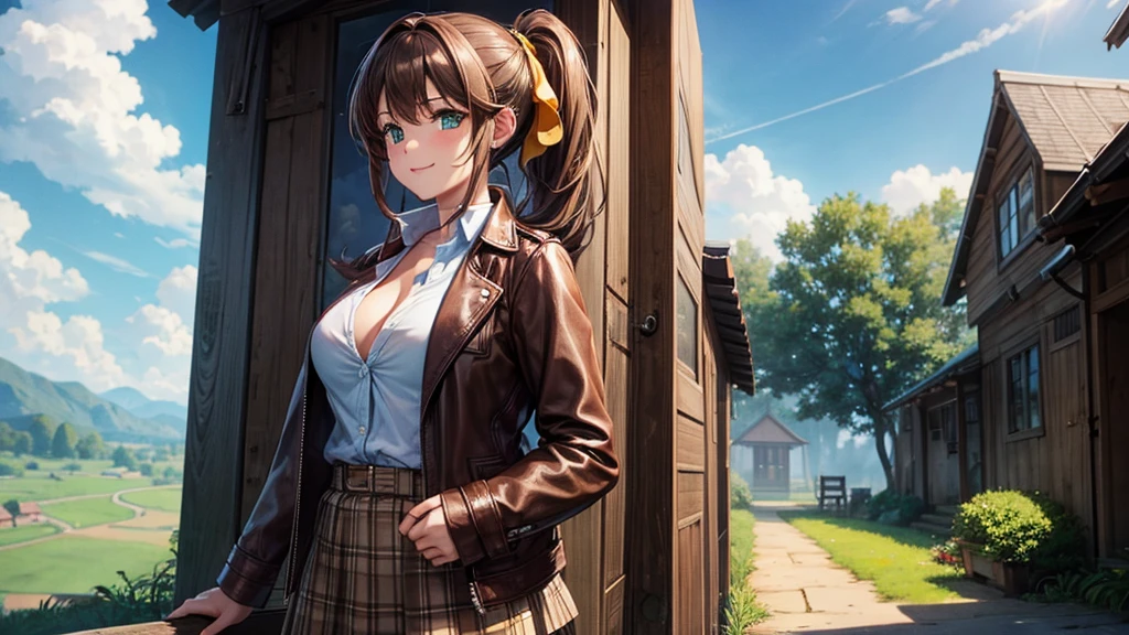 1girl, solo, village house, trees, sun, clouds, ((brown hair)), ponytail, large breasts, ((brown leather jacket)), button down shirt, ((blue checked shirt)), ((unbuttoned shirt)), unbuttoning buttons, cleavage 1:3, green eyes, long skirt, brown boots, smile, happy, looking at the viewer, standing, hair ribbon, golden necklate, wind
