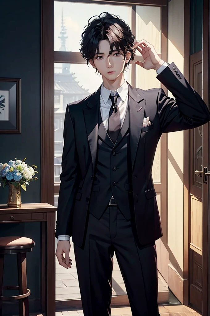 there is a man that is standing in a room with a hand up, cai xukun, sha xi, xqc, inspired by Zhang Han, 2 0 2 0 fashion, smooth in _ the background, lv, still from a live action movie, masterpiece, serious face