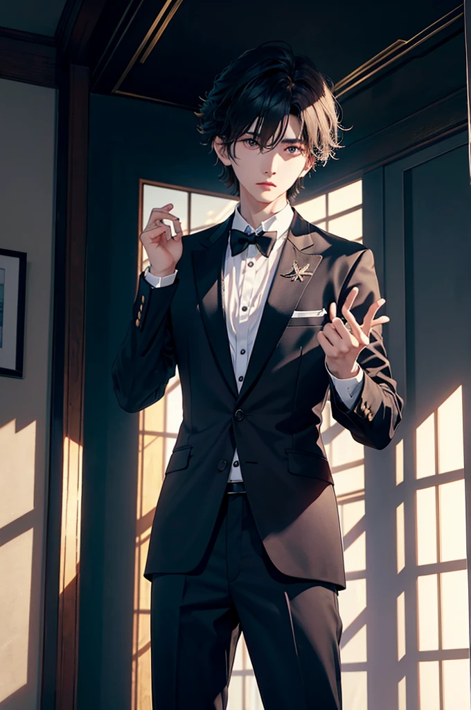 there is a man that is standing in a room with a hand up, cai xukun, sha xi, xqc, inspired by Zhang Han, 2 0 2 0 fashion, smooth in _ the background, lv, still from a live action movie, masterpiece, serious face