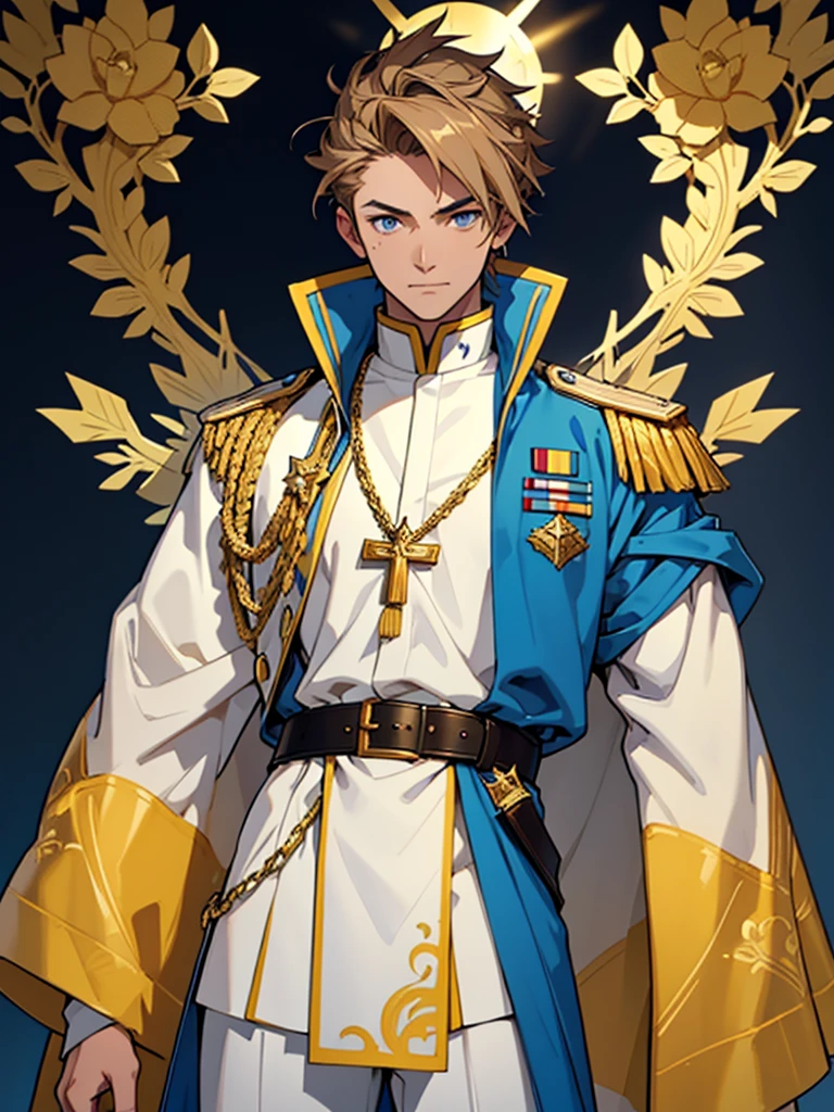 
A male character with brown hair and blonde highlights, blue colored eyes, wearing an elaborate uniform. Slim and young The blue priest uniform, offwhite, yellow and black, with a blue jacket decorated with yellow details and a white cape with yellow edges. He wears white pants and a brown belt with a large gold star-shaped buckle.. father, priest, The character has golden ornaments on his shoulders and sleeves., a bright blue ornament on the forehead, and golden details on your face, Golden Elements, work of art, high qualiy, highy detailed, High definition, 4K model sheet