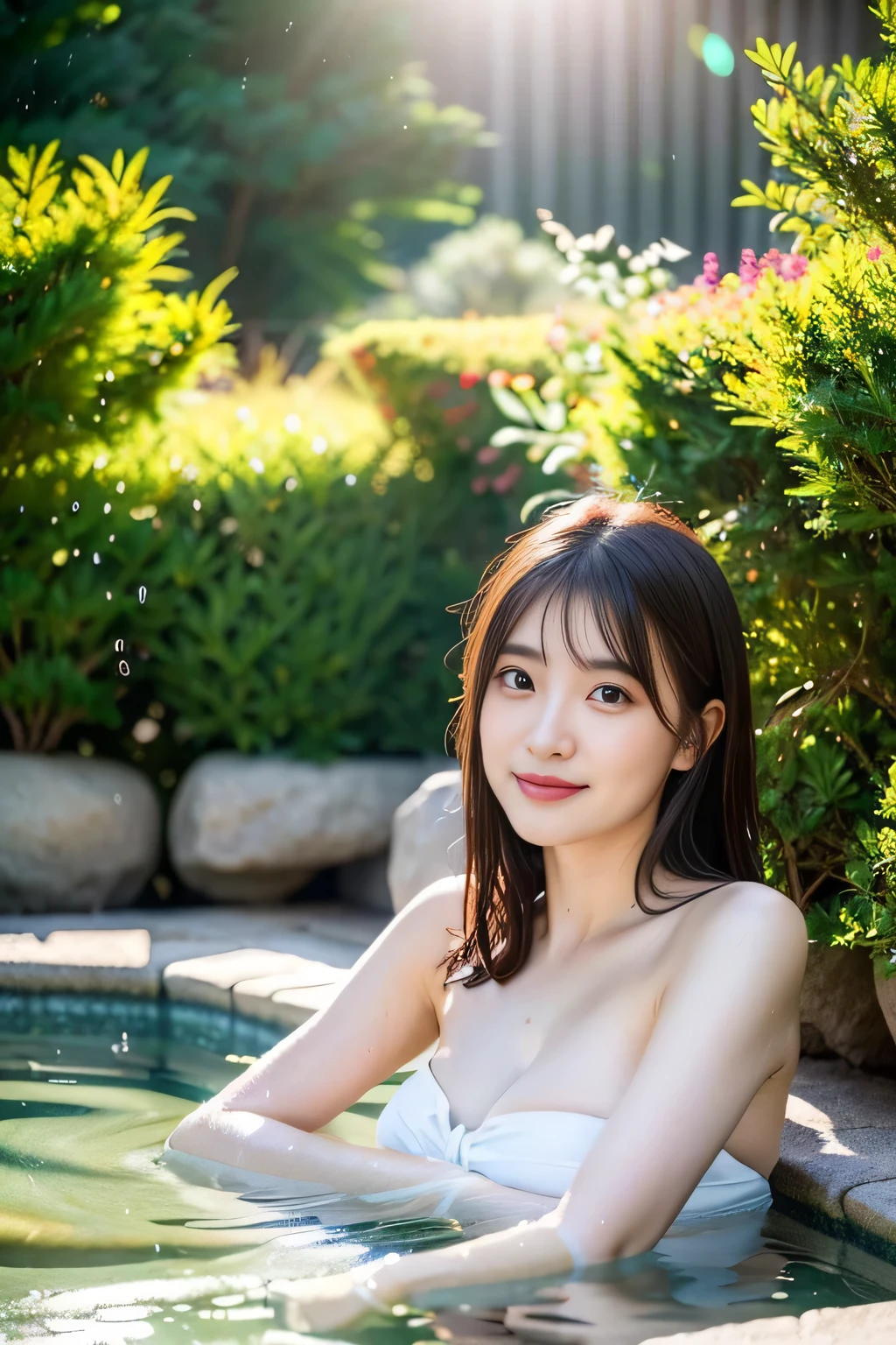 (night:1.7), East Asian architecture, 1 female,  (Geyser, hot spring:1.2), LegalSkg:1.2), haze, Glowing Skin, Glowing Skin, ((Partially immersed in a hot spring:1.6)), Brunette color hair， Lip flap,  (17 years old:1.3),(beautiful glossy straight long:1.3),beautiful fingers,beautiful long legs,Beautiful body，Cute Nose，Perfect Ace，View your audience，（Plump,Huge boobs:1.2），（笑face：0.3），Official Art，Very detailed CG Unity 8k wallpaper、bright_front_face_Lighting，（masterpiece:1.0),(Highest_quality:1.0), 超High resolution,4K,Very detailed, photo shoot, 8k, Hmph, High resolution, absurdes:1.2, Kodak Portrait 400, Film Grain,  Lens flare brilliance,  (beautiful_face:1.5),8k,RAW Photos,(Draw an open-air bath more widely:1.2) ,(Wet Hair:1.3),((beautifully depicts depth and width:1.3)),((The open-air bath is surrounded by a Japanese garden and large rocks.., evening:1.3)),((You can see a beautiful waterfall:1.3)),((Naked in the open-air bath:1.2)),((White and soft skin:1.3)),(((Just like the whole body:1.4))