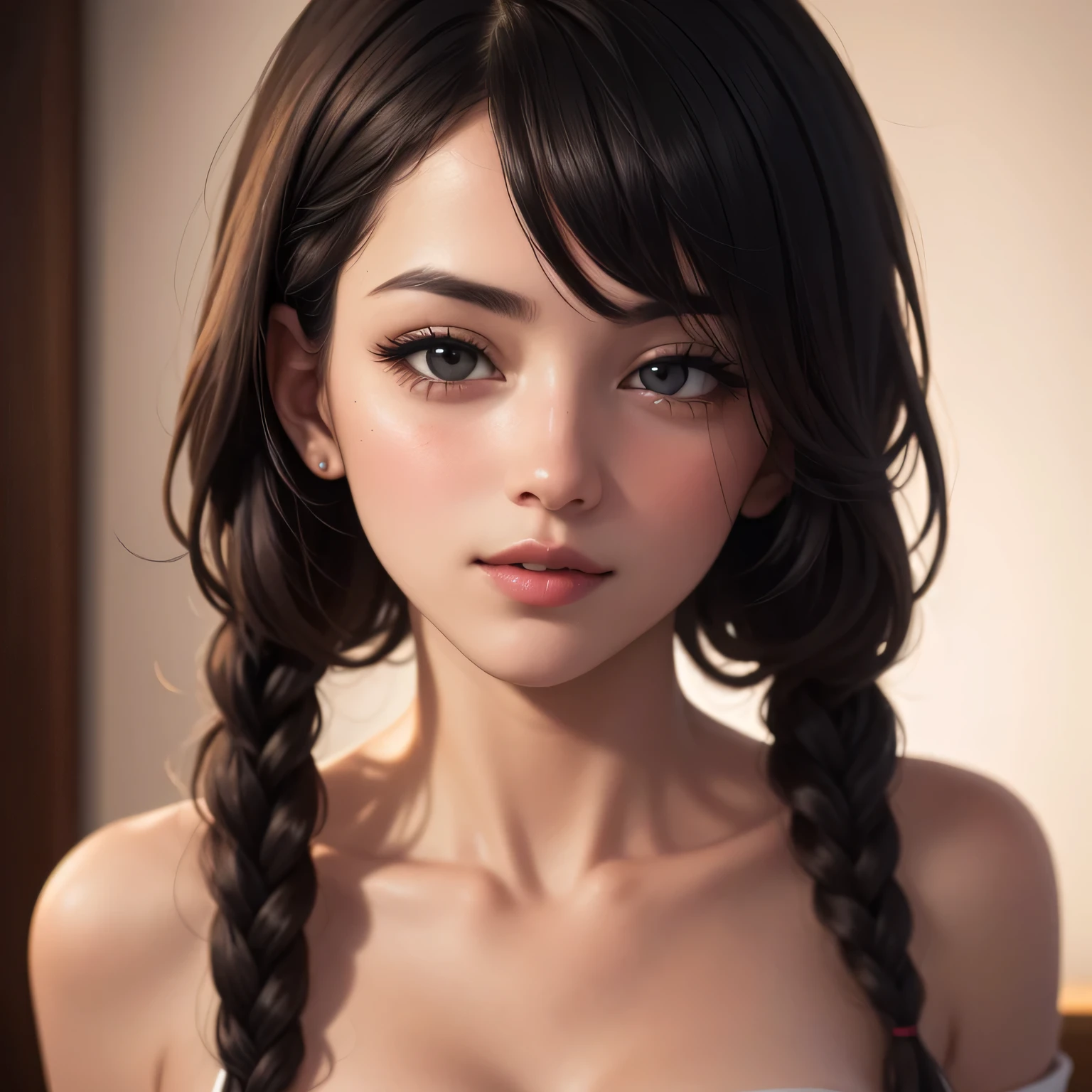 beautiful woman with long black braided hair, seductive soft eyes, blushing hard, pink parted lips with a seductive smile, long neck and collarbone, medium chest and cleavage, wearing an off-shoulder t-shirt exposing her bare shoulders, (best quality,4k,8k,highres,masterpiece:1.2),ultra-detailed,(realistic,photorealistic,photo-realistic:1.37),intricate details,highly detailed face,extremely detailed eyes and face,longeyelashes,beautiful detailed lips,extremely detailed skin,cinematic lighting,warm color tones,chiaroscuro lighting,romantic,sensual,intimate,alluring,captivating