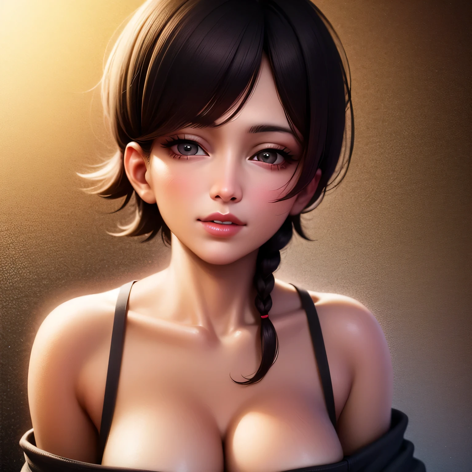 1girl,beautiful woman with long black braided hair,seductive soft eyes,blushing hard,pink parted lips with a seductive smile,long neck and collarbone,medium chest and cleavage,wearing an off-shoulder t-shirt exposing bare shoulders,(best quality,4k,8k,highres,masterpiece:1.2),ultra-detailed,(realistic,photorealistic,photo-realistic:1.37),intricate details,highly detailed face,extremely detailed eyes and face,longeyelashes,beautiful detailed lips,extremely detailed skin,cinematic lighting,warm color tones,chiaroscuro lighting,romantic,sensual,intimate,alluring,captivating