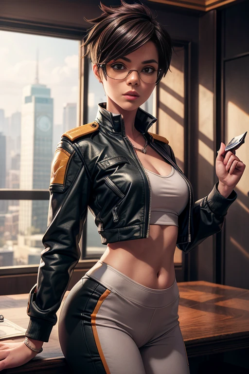 (Sexy),Female Lawyer, Tracer, wearing sexy Lawyer suit, midriff, court, speech, debate, detailed background, Realistic, Movie Still, best quality, masterpiece, very aesthetic, perfect composition, intricate details, ultra-detailed, Animagine