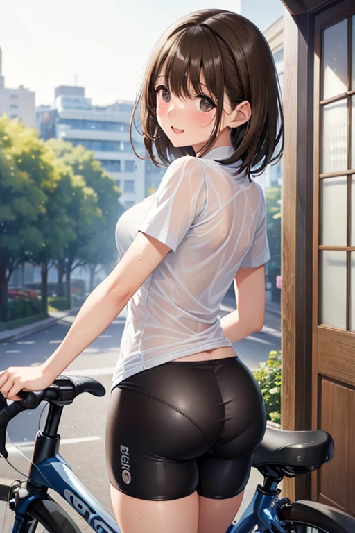 anegasaki nene、Shiny brown hair, short hair, (Beautiful brown eyes、Sparkling eyes, Fine grain)、smile、Ultra-detailed eyes、Highly detailed face, Highly detailed eyes,


(masterpiece、Highest quality、Highest quality、Official Art、Beautiful and beautiful:1.2)、
woman,20-year-old,,city,,(((Cycling Shorts))),,Laughing with your mouth open(())(See through),((bicycle)),,blush、Surprised face,((())),((Looking Back))(Wet with sweat)Reflecting the ,bicycleのスパッツ