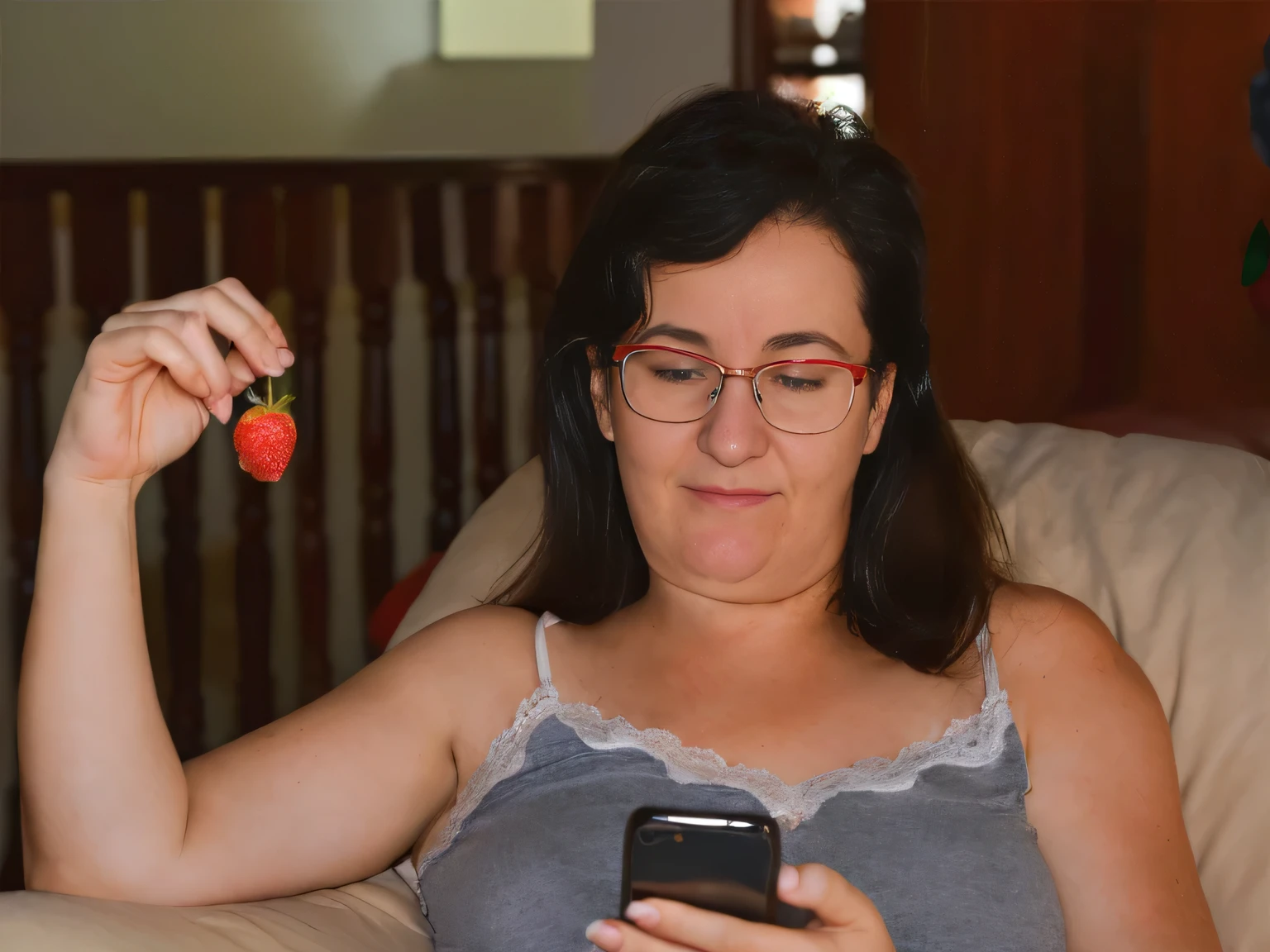 woman in grey tank top holding a cell phone and a strawberry, checking her phone, checking her cell phone, she is holding a smartphone, fight with strawberries, very accurate photo, sandra chevier, looks realistic, 3 0 years woman, funny photo, poor quality, she is easting a peach, portrait shot, portait photo, goddess checking her phone