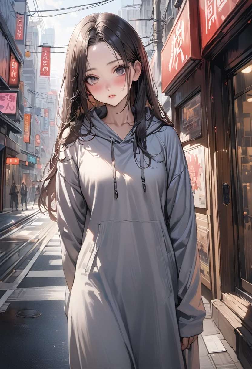 ((masterpiece,Highest quality:1.3,best quality illustration)),realistic,cowboy shot,独奏,1woman,(25 year old beauty),((very small head:1.3)),black hair,long hair,forehead,center parted bangs,black eyes,gorgeous big eyes,blush,((very long body,skinny)),medium breasts,gleaming skin,slender body,skinny,(oversized gray hooded sweatshirt)、Denim shorts、standing,on street,Shinjuku、Tokyo、