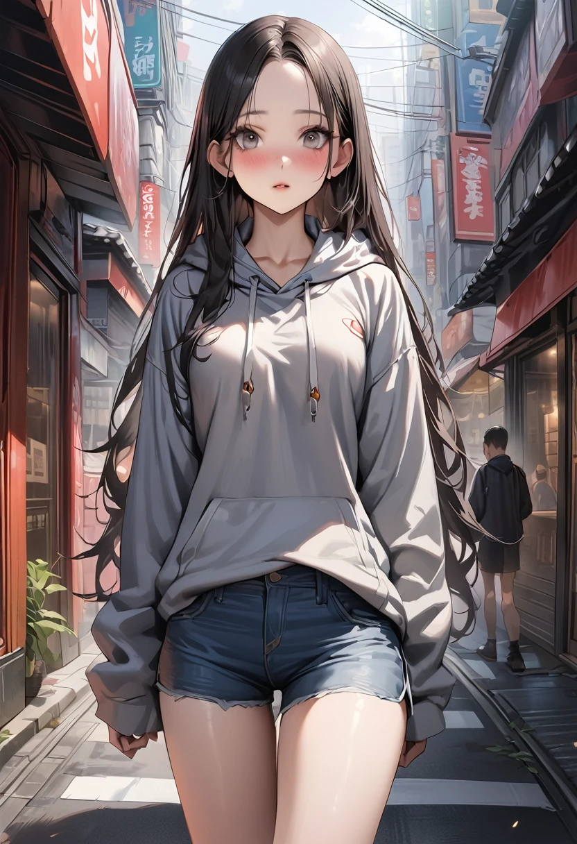 ((masterpiece,Highest quality:1.3,best quality illustration)),realistic,cowboy shot,独奏,1woman,(25 year old beauty),((very small head:1.3)),black hair,long hair,forehead,center parted bangs,black eyes,gorgeous big eyes,blush,((very long body,skinny)),medium breasts,gleaming skin,slender body,skinny,(oversized gray hooded sweatshirt)、Denim shorts、standing,on street,Shinjuku、Tokyo、