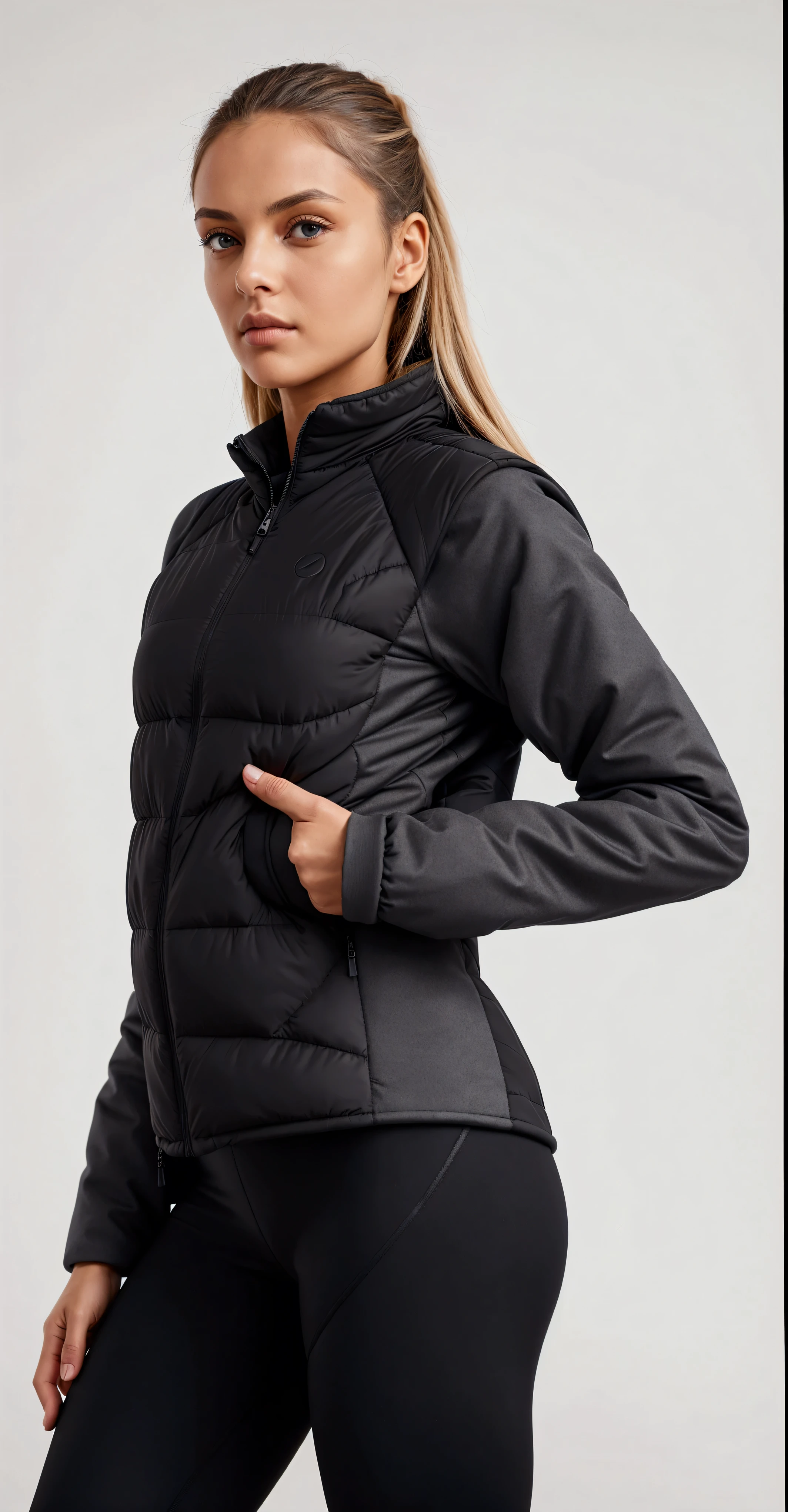 the back of a woman wearing a black jaket and leggings, model wears a puffer jaket, model is wearing technical vest, jaket, sports jaket, puffer jaket, sports clothes, wearing jaket, with two front pockets, photograph of a techwear woman, jaket over bare torso, detailed photo, detailed photo, nanocarbon-vest, 3/4 front view