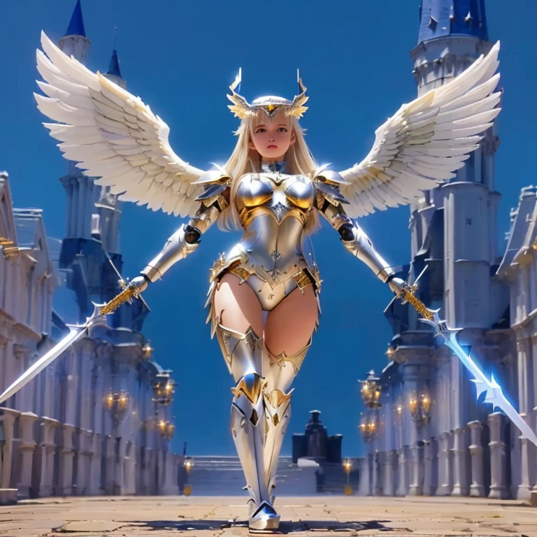 a closeup of a woman with wings and a sword, angel knight girl, angel with plastic armor, as a mystical Valkyrie, tall female angel, Angewomon from Digimon, Angelic golden armor, majestic full body angel, epic angel wings, Valkyrie, mystical Valkyrie, angel knight gothic girl, inspired by Kurt Wenner, beautiful cyborg angel girl