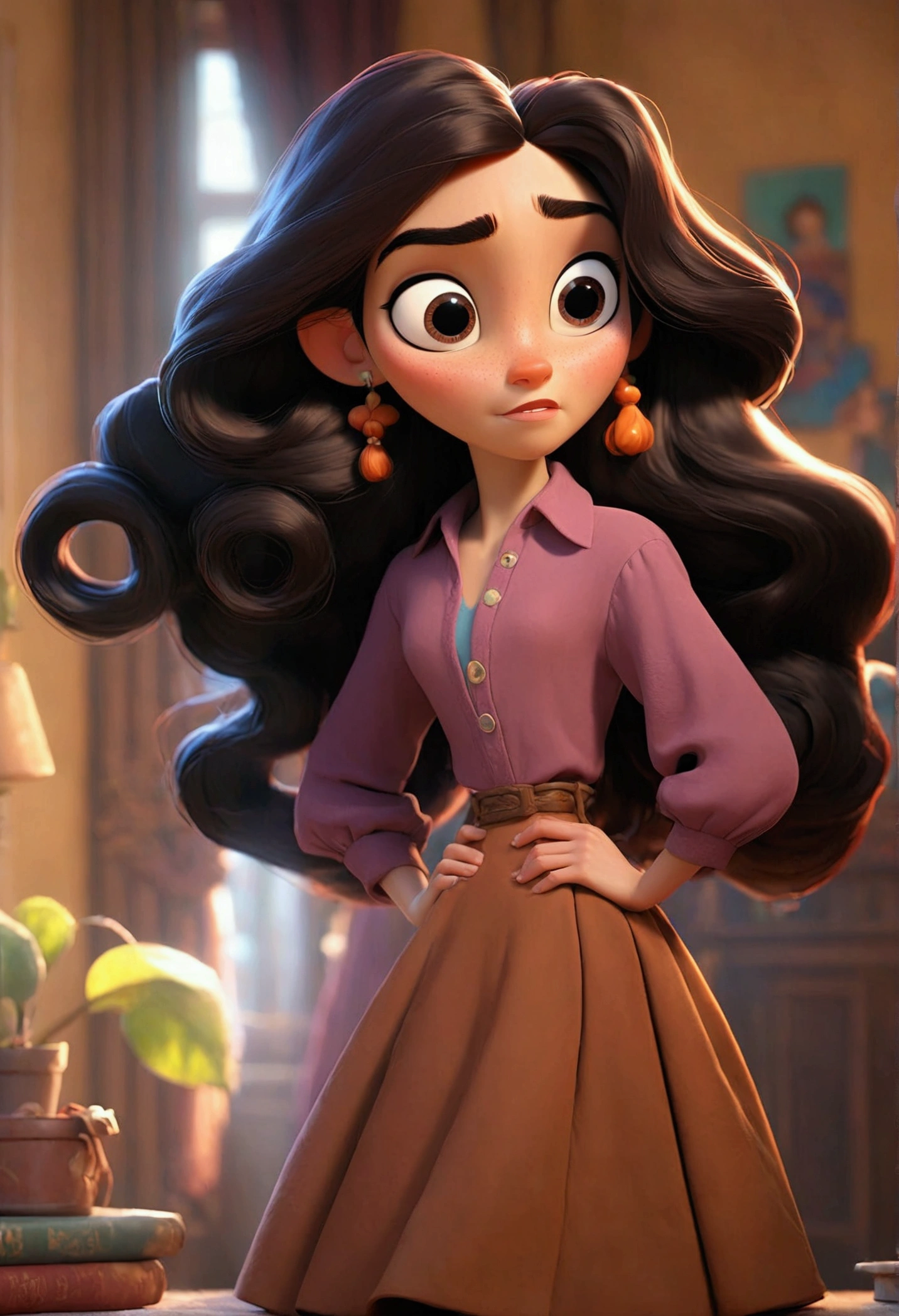 Pixar style character, in the image we see a woman with long black wavy hair . The woman is dressed in 
a maroonish puce brown shirt and a brown skirt in a apartment interior background

