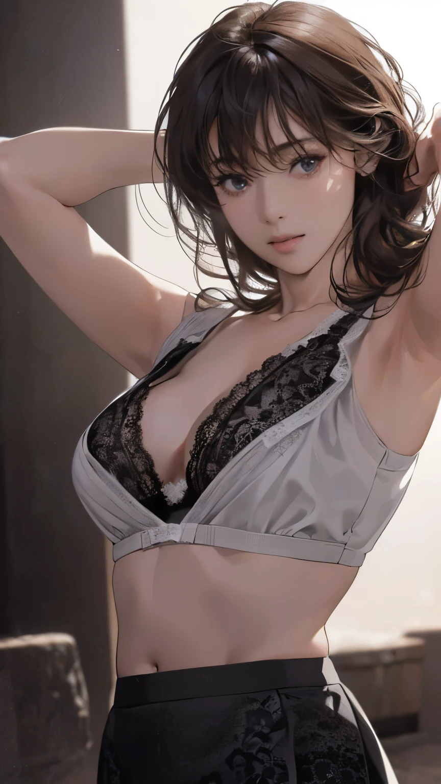 (highly detailed body, slim body, highly detailed face, best quality: 1.2), a beautiful woman, small chest, look at the viewer, open legs( transparent bra, panties), (short hair, disheveled hair, black hair),