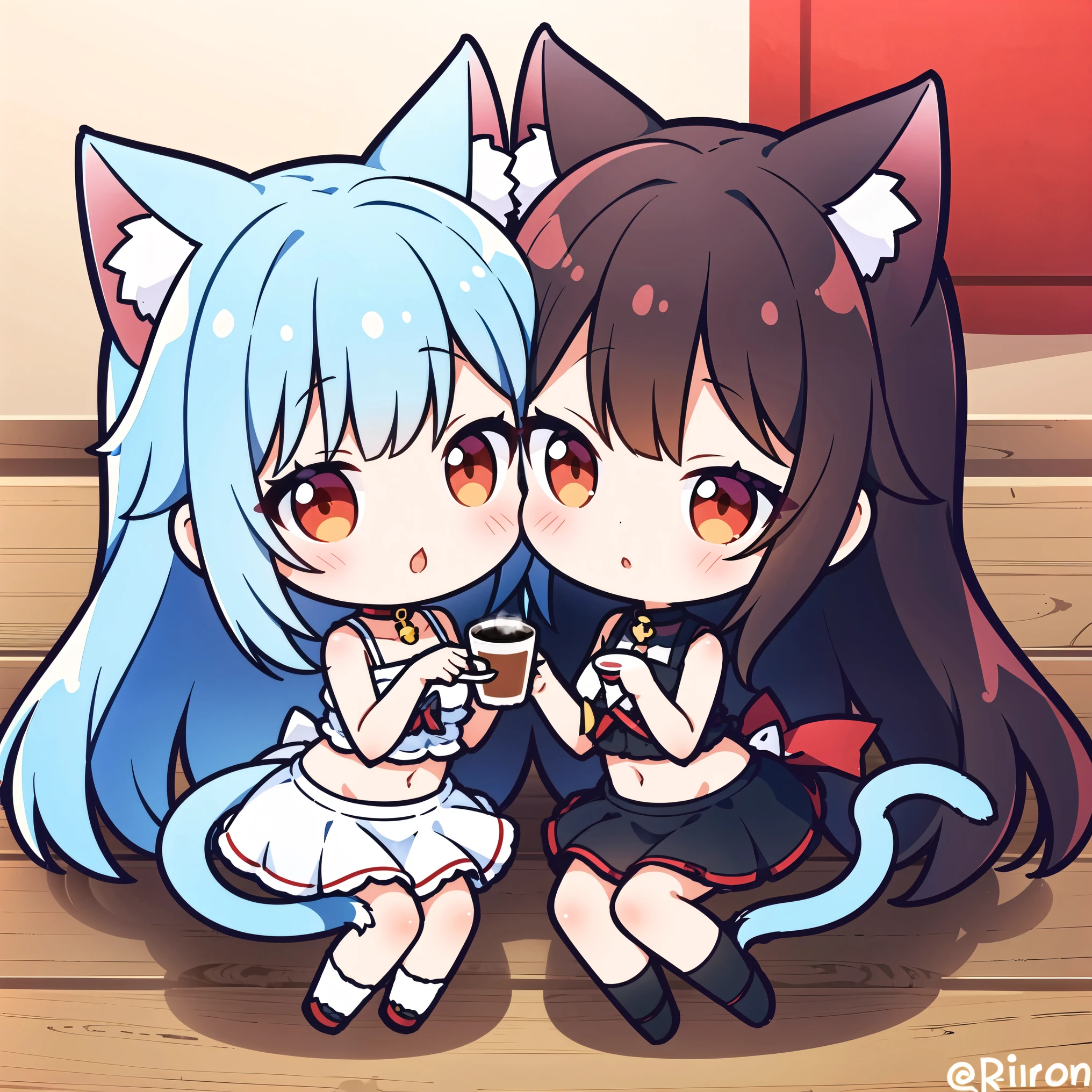 2 girls,Red Cliff,Cat ears, kiss,Yuri, Coffee cup,Symmetrical pose, Tail, Head rub, In the cup,Tell your true feelings,