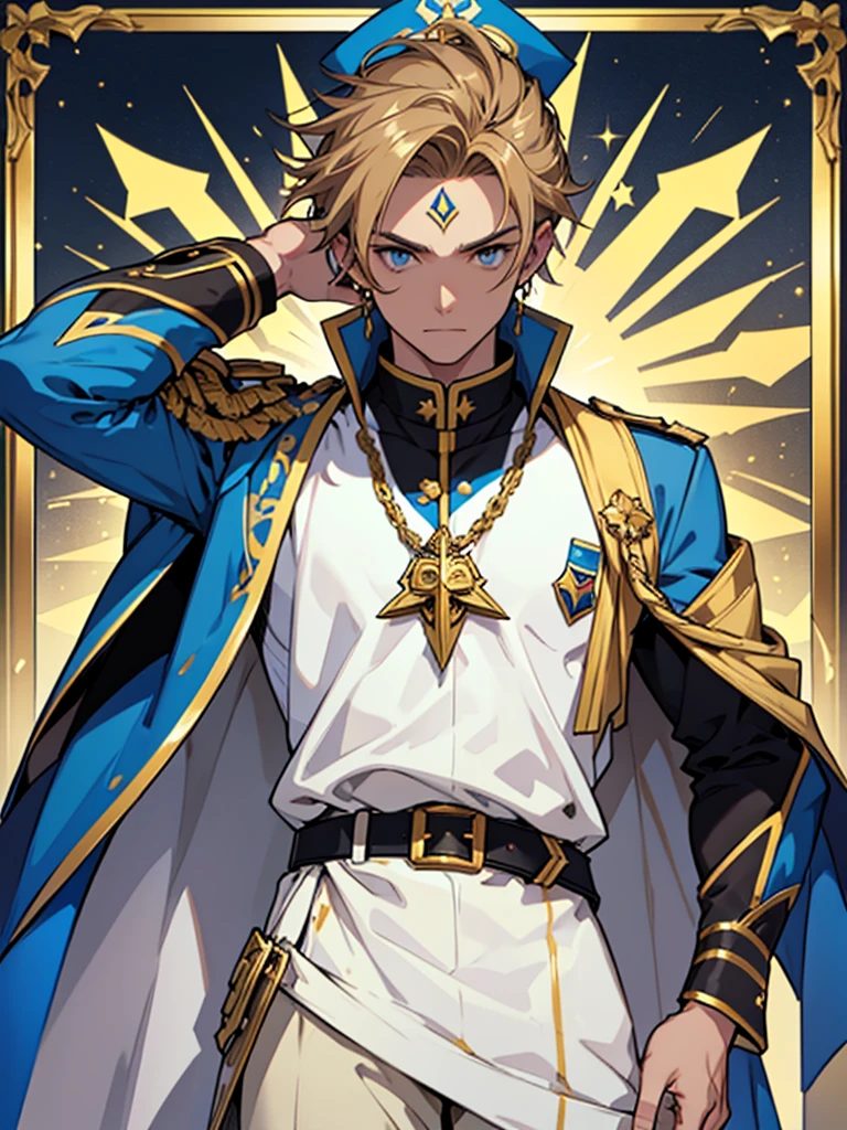 A male character with brown hair and blonde highlights, blue colored eyes, wearing an elaborate uniform. Slim and young The blue priest uniform, offwhite, yellow and black, with a blue jacket decorated with yellow details and a white cape with yellow edges. He wears white pants and a brown belt with a large gold star-shaped buckle.. father, priest, The character has golden ornaments on his shoulders and sleeves., a bright blue ornament on the forehead, and golden details on your face, Golden Elements, work of art, high qualiy, highy detailed, High definition, 4K model sheet, Dynamic pose, perspective