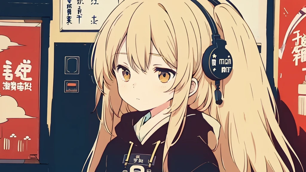 (low contrast), (lofi), (1 girl, blond hair, black hoodie, headphone), (A Japanese shop with posters)