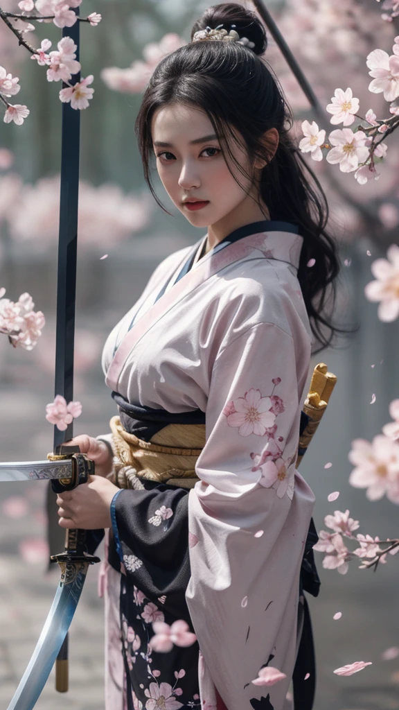 刀cherry blossoms,1 girl solo,arms,Long black hair,sword,petal,cherry blossoms,Long Hair,Wearing a traditional kimono of Japan, hair ornaments,View your viewers,Holding a long sword,cherry blossoms吹雪, Outdoor,最high quality,masterpiece,figure,Very delicate and beautiful,CG,Unity,8k wallpaper,wonderful,In detail,masterpiece,Official Art,Very detailed CG Unity 8k wallpaper,Incredibly absurd,Large file size,Very detailed,High resolution,Very detailed,Beautiful detailed girl,Realistic,(masterpiece, 最high quality, high quality, High resolution, Very detailed),