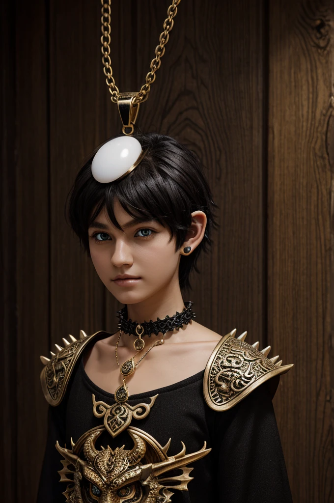Facial Appearance: semi elfo Tez: White Eyes: Honey Color Ears: Spiky Hair: Black and short Clothing and Accessories:

collar: With a Capa pendant egg: with dragon motifs