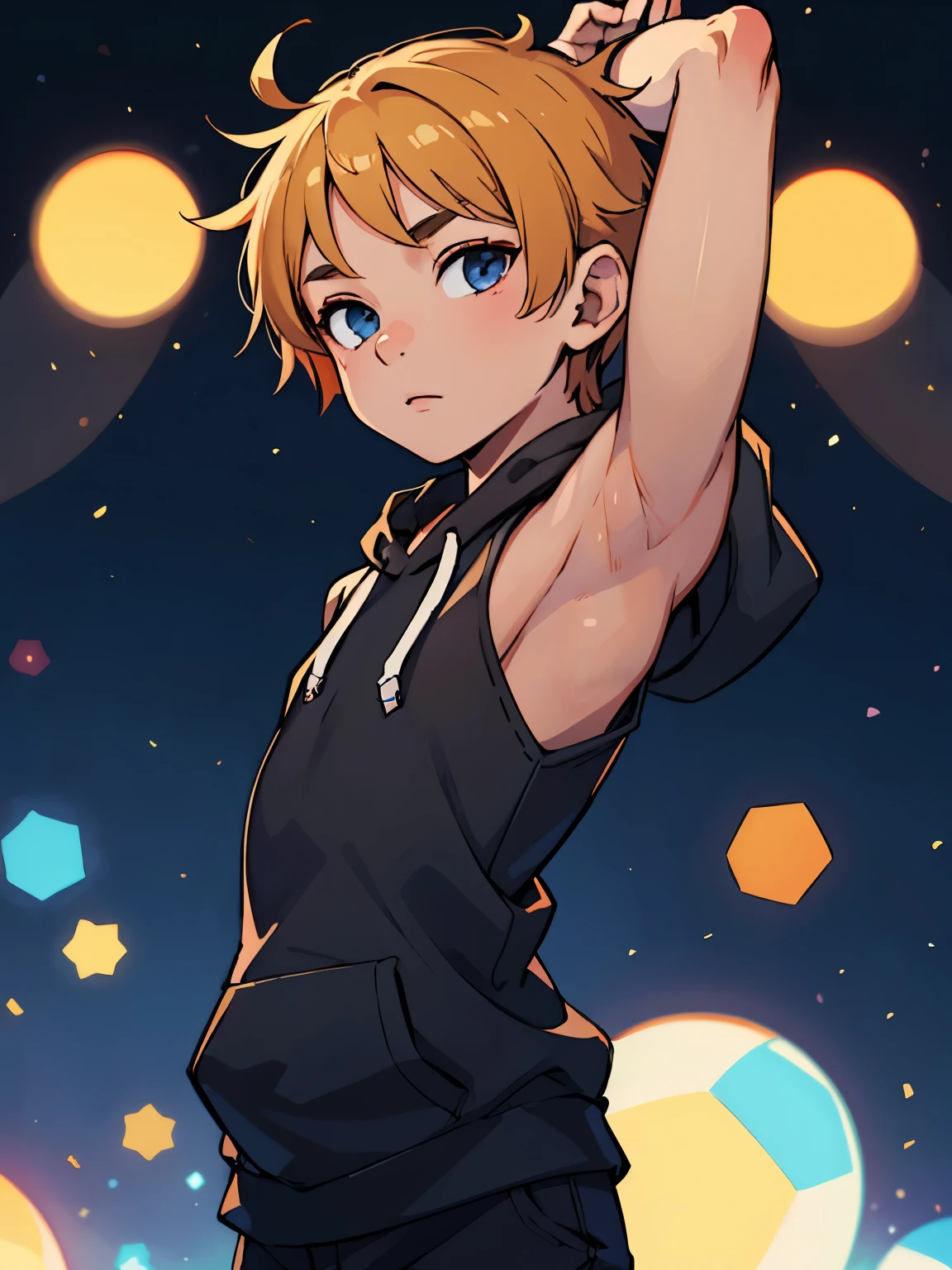 Highres, Masterpiece, Best quality at best,Best Quality,hight quality, hight detailed, Anime style, 1boy, Shota, young boy, Solo person, Black hoodie, Sleeveless hoodie, Seen from the front, look at viewer, (very young boy), (very small and short body), 12-year-old boys, (Showing armpit:1.3), hansome boy, Uhd, bokeh,