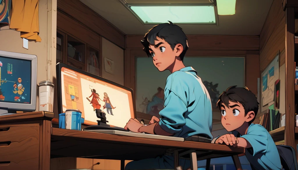 boy sitting, studying at a desk, Messy room, with tv, videogame