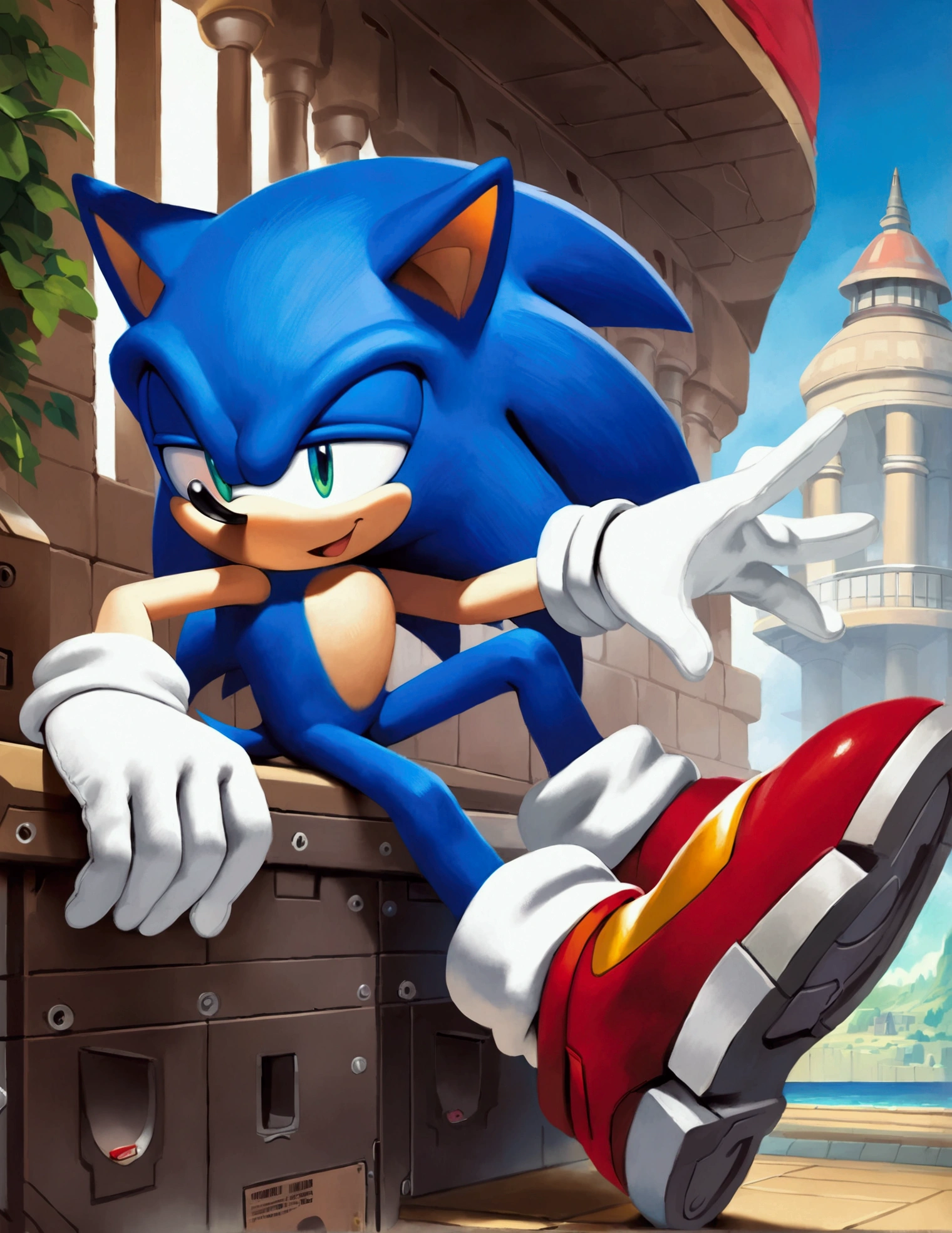 mammal, sonic_the_hedgehog, solo, anthro, mostly_nude, red_footwear, white_gloves, sega, official_art, detailed_background, blue_sky, [hi_res: masterpiece, best_quality:0.15], safe