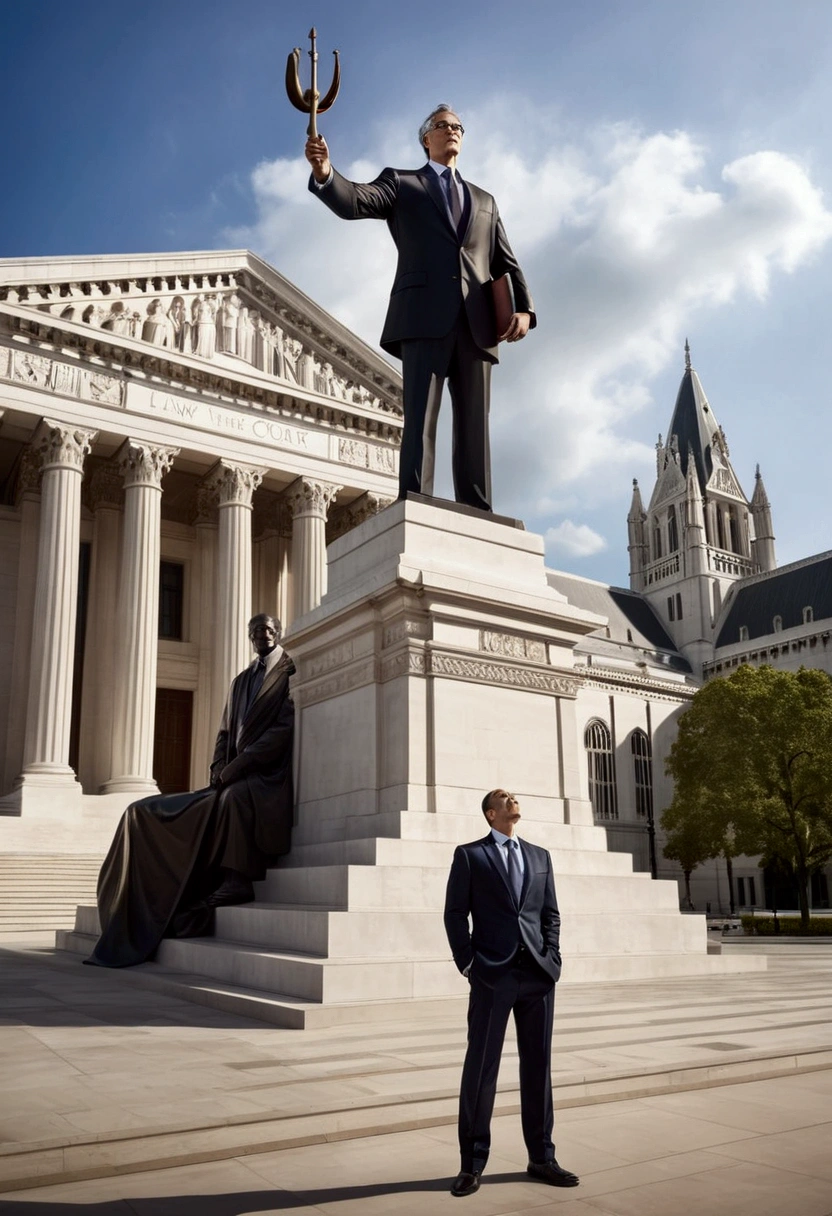 (Lawyer), In front of the magnificent High Court, a tall statue of a lawyer, inspires the law spirit, full body, award-winning, cinematic still, emotional, vignette, dynamic, vivid, (masterpiece, best quality, photorealistic, Professional, perfect composition, very aesthetic, absurdres, ultra-detailed, intricate details:1.3)