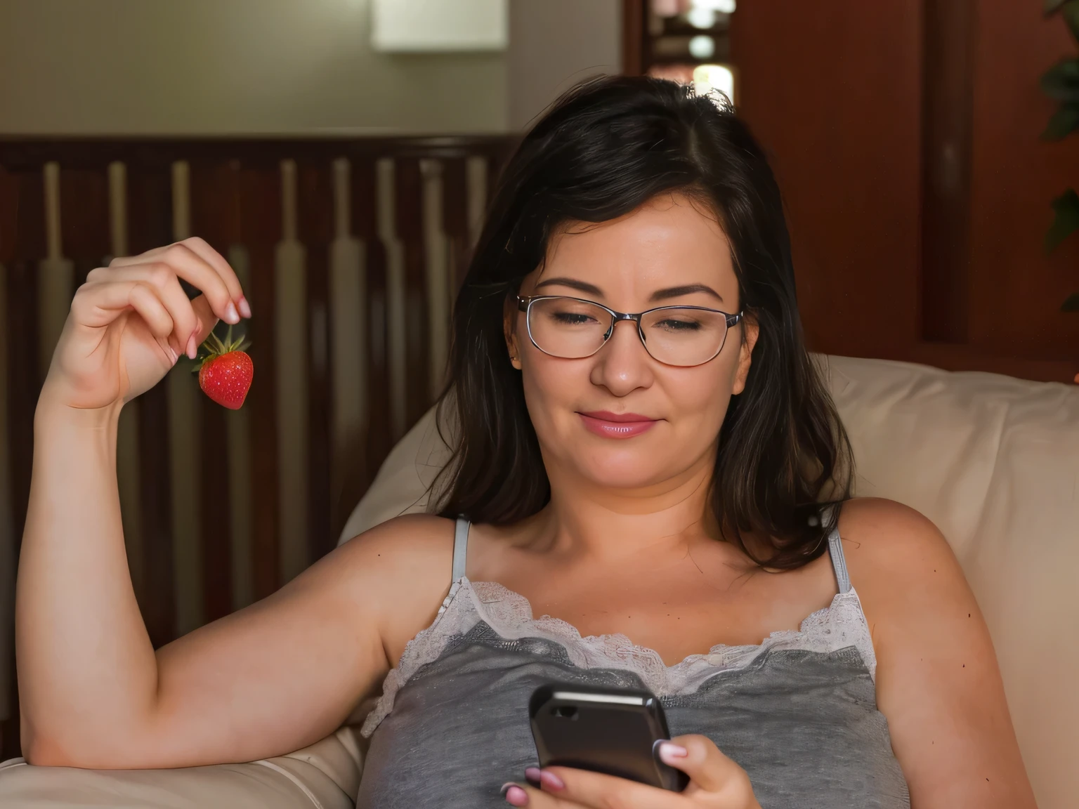 woman in grey tank top holding a cell phone and a strawberry, checking her phone, checking her cell phone, she is holding a smartphone, fight with strawberries, very accurate photo, sandra chevier, looks realistic, 3 0 years woman, funny photo, poor quality, she is easting a peach, portrait shot, portait photo, goddess checking her phone