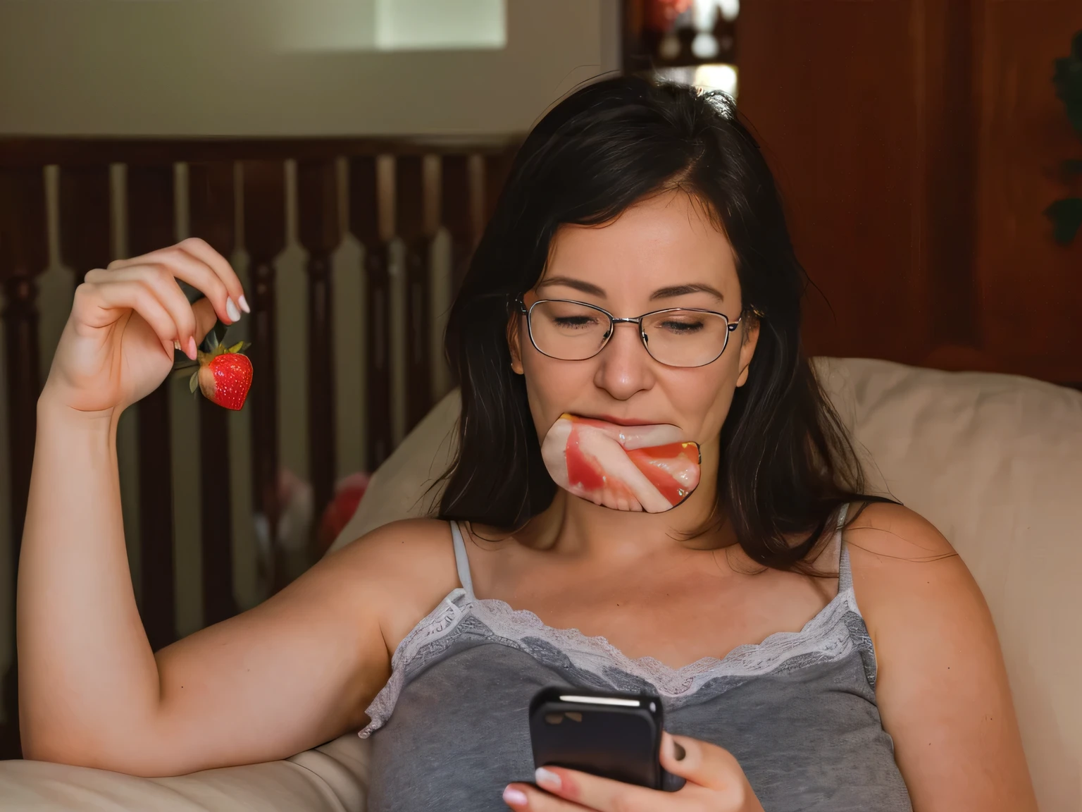 woman in grey tank top holding a cell phone and a strawberry, checking her phone, checking her cell phone, she is holding a smartphone, fight with strawberries, very accurate photo, sandra chevier, looks realistic, 3 0 years woman, funny photo, poor quality, she is easting a peach, portrait shot, portait photo, goddess checking her phone