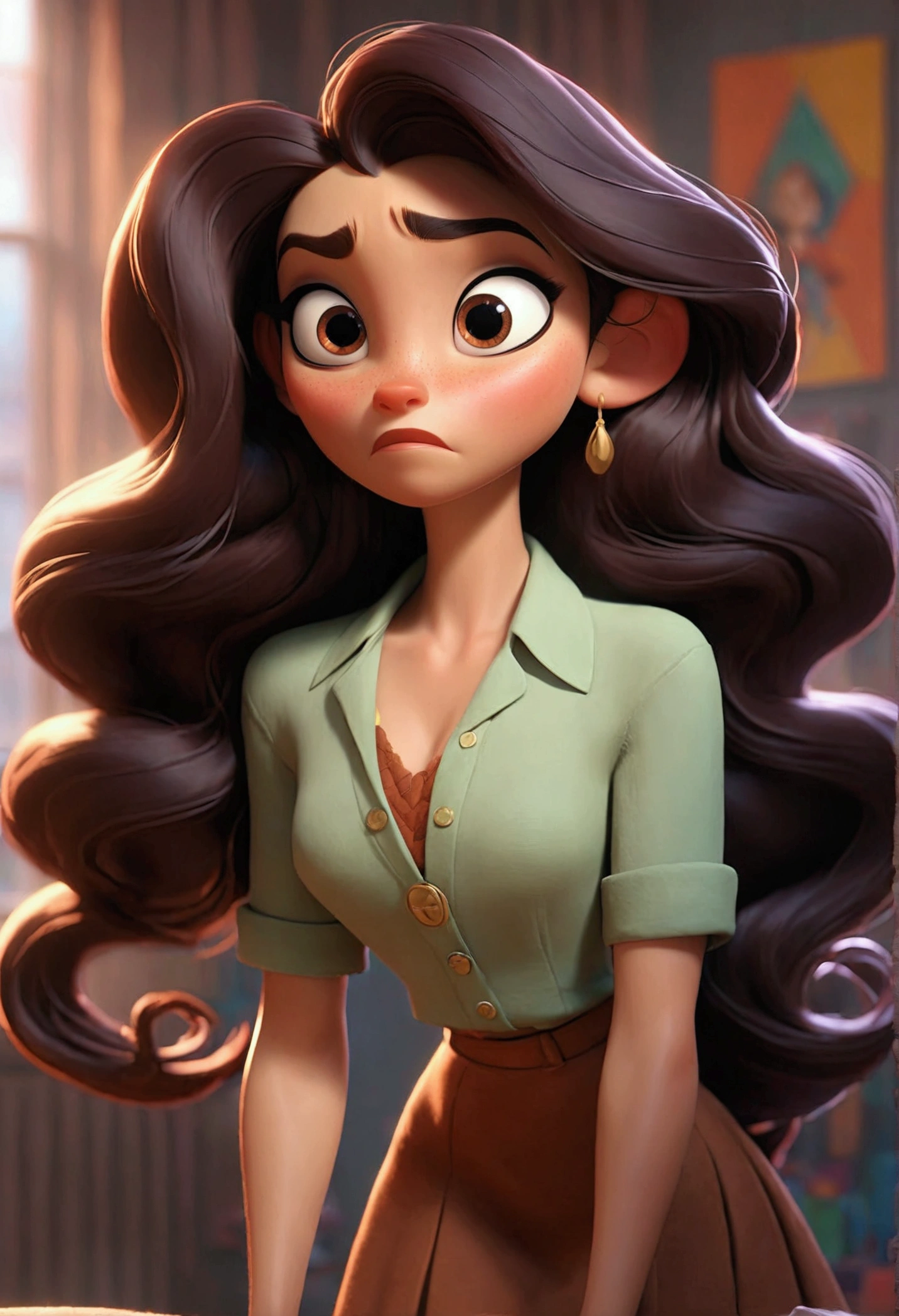 Pixar style character, in the image we see a woman with long black wavy hair . The woman is dressed in 
a maroonish puce brown crop top and a brown mini skirt , hot thighs showing deep cleavage big breasts hot in a apartment interior background

