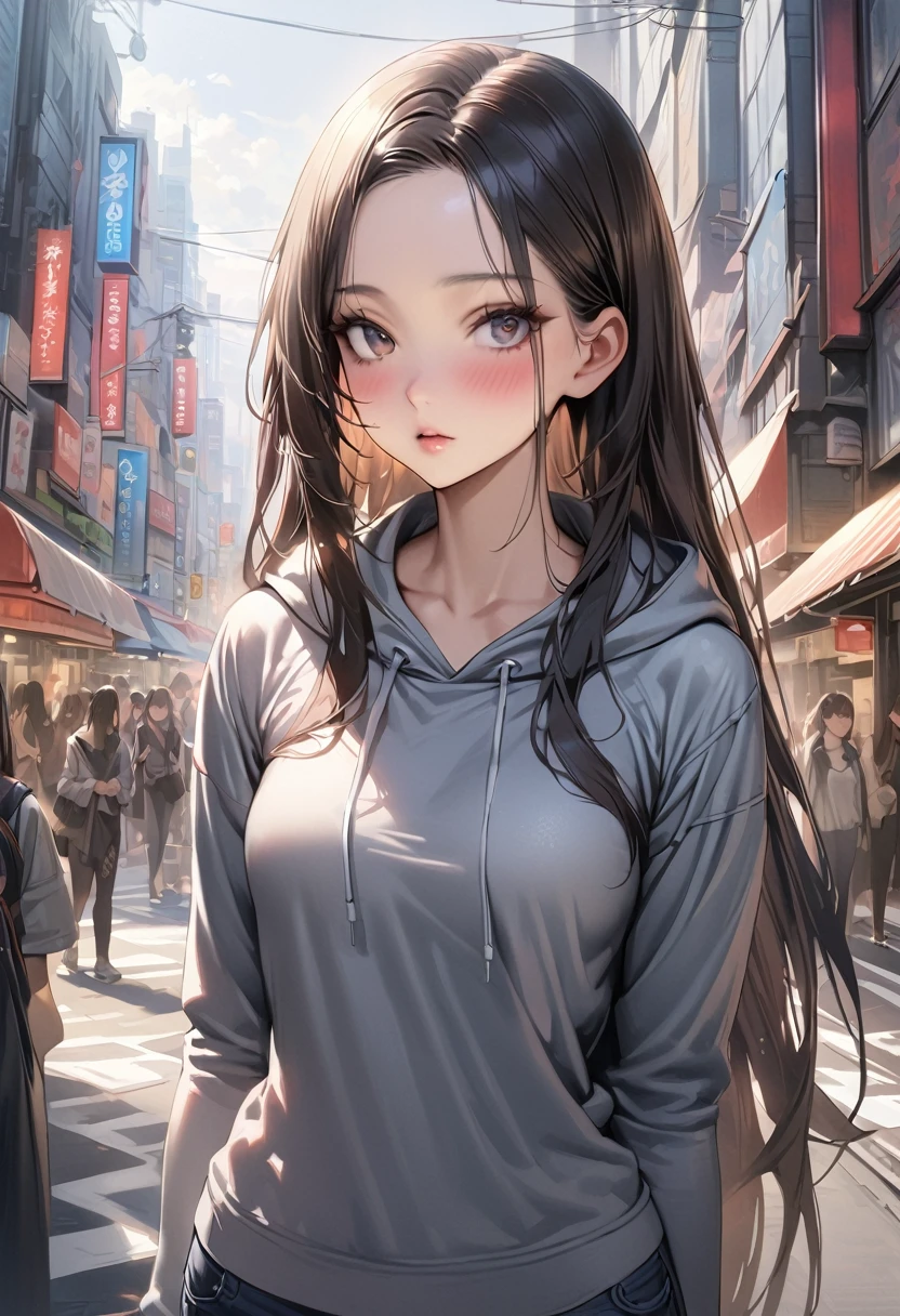 ((masterpiece,Highest quality:1.3,best quality illustration)),realistic,cowboy shot,独奏,1woman,(25 year old beauty),((very small head:1.3)),black hair,long hair,forehead,center parted bangs,black eyes,gorgeous big eyes,blush,((very long body,skinny)),medium breasts,gleaming skin,slender body,skinny,(gray hooded sweatshirt)、Denim shorts、standing,on street,Shinjuku、Tokyo、
