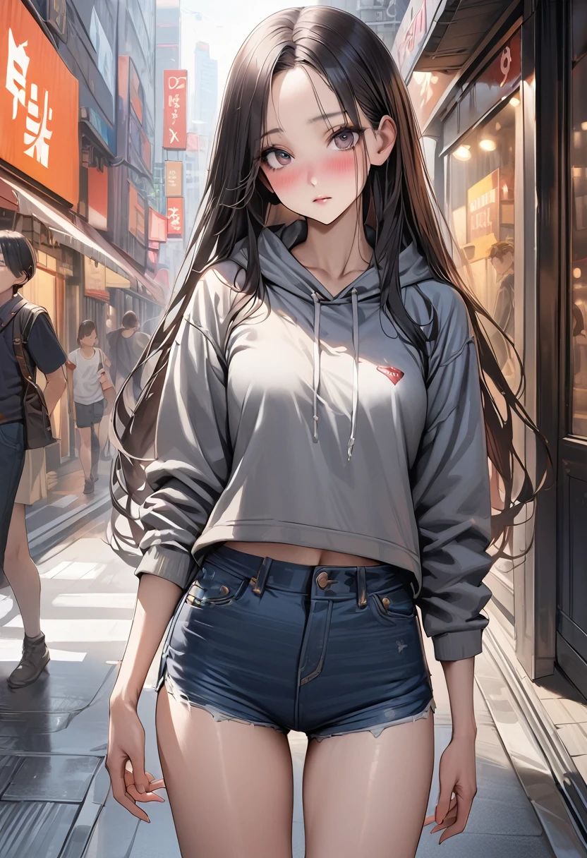 ((masterpiece,Highest quality:1.3,best quality illustration)),realistic,cowboy shot,独奏,1woman,(25 year old beauty),((very small head:1.3)),black hair,long hair,forehead,center parted bangs,black eyes,gorgeous big eyes,blush,((very long body,skinny)),medium breasts,gleaming skin,slender body,skinny,(gray hooded sweatshirt)、Denim shorts、standing,on street,Shinjuku、Tokyo、