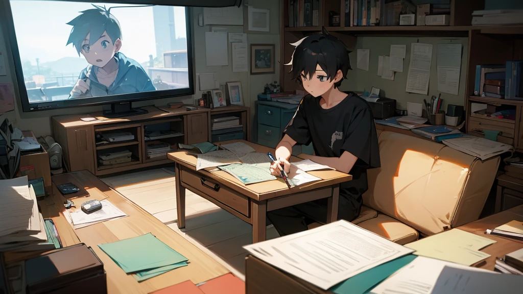 boy sitting, studying at a desk, Messy room, with tv, videogame