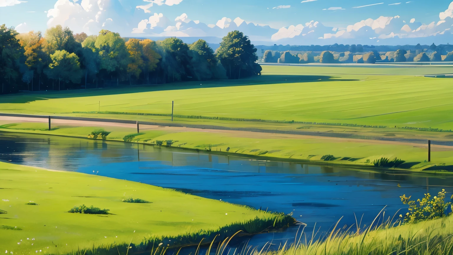 The setting is an open field with green grass on the bank of a river.. It's night, the weather is pleasant with a gentle breeze and a beautiful starry sky. A couple is sitting on the grass holding each other and looking at the sky. A shooting star sweeps across the night sky.