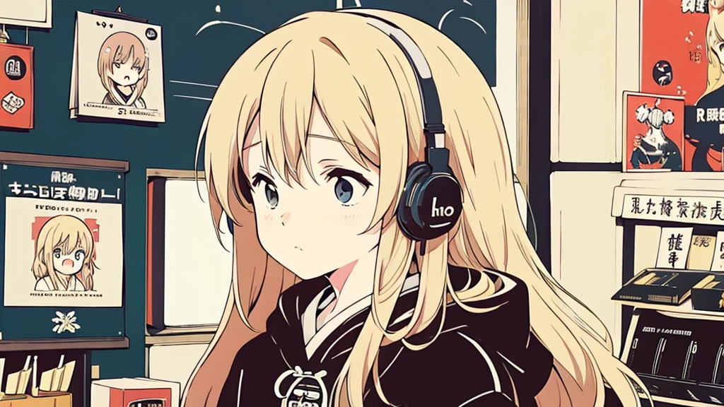 (low contrast), (lofi), (1 girl, blond hair, black hoodie, headphone), (A Japanese shop with posters)