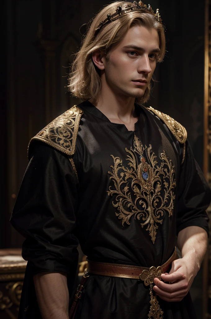 A dark-blonde hair man, 26 years old, pale skin, mesomorph body, hands on waist, medieval prince, noble clothes, crown, detailed face, chiaroscuro lighting, dramatic shadows, cinematic, oil painting, highly detailed, intricate ornate costume, regal, dramatic