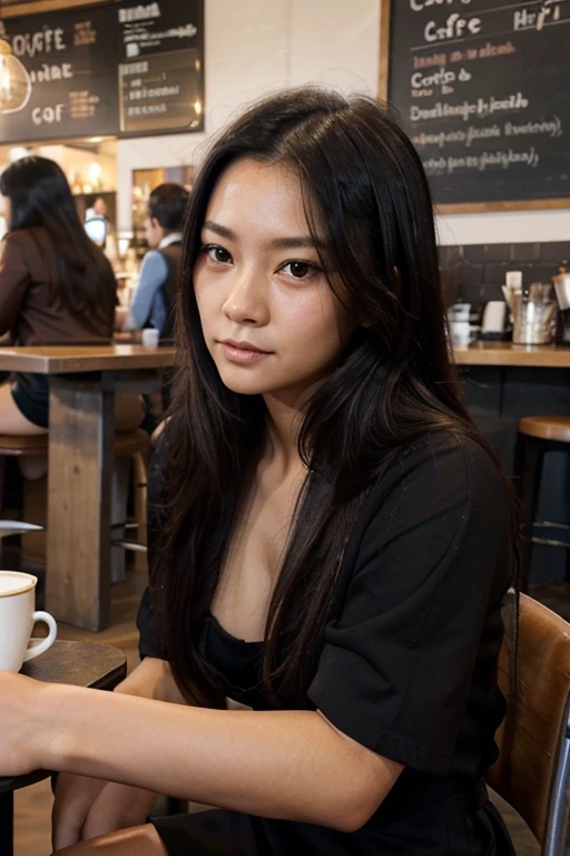 A girl sit on a cafe chair, chair and table cafe, coffe on table, beauty girl, asian face,(brown eyes, perfect body, long black hair, depressed emotion, open eyes),cafe background, many people on background, professional worker dress.
