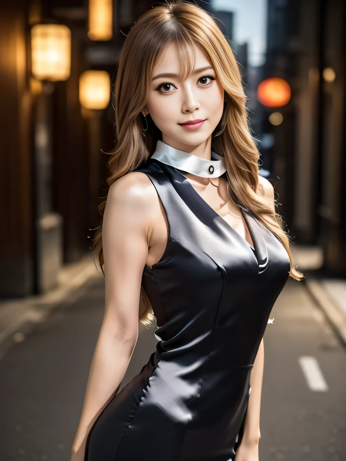 8k, masterpiece, RAW Photos, Highest quality, Realistic, extremely detailed CG unity 8k wallpaper, Depth of written boundary, Cinematic Light, Lens flare, Ray Tracing, (Very beautiful face, Beautiful Lips, Beautiful Eyes), Exquisitely detailed face, Eyes for exquisite detail, ((Highly detailed skin))、Turning around、Buckshot, One Japanese woman, Blonde Long Hair、Big Ass、Shapely butt、In the Dark, Deep Shadow, Beautiful Japanese Woman, Very slim, Big smile, (ぼやけたbackground), (backgroundに人がいない:1.3), Clear Eyes, walk, Pale skin, Big eyes, Look forward,((Silk collar evening dress:1.3)),((tight fitting dress)), (View your viewers:1.3), Medium chest, background：Downtown at night、