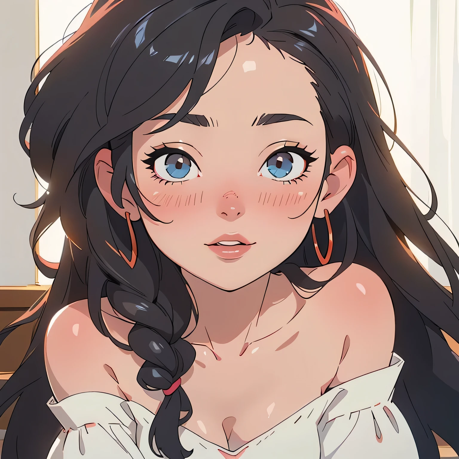1girl, beautiful woman with long black braided hair, seductive soft eyes, blushing hard, pink parted lips with a seductive smile, long neck and collarbone, medium chest and cleavage, wearing an off-shoulder t-shirt exposing bare shoulders, (best quality,4k,8k,highres,masterpiece:1.2),ultra-detailed,(realistic,photorealistic,photo-realistic:1.37),intricate details,highly detailed face,extremely detailed eyes and face,long eyelashes,beautiful detailed lips,extremely detailed skin,cinematic lighting,warm color tones,chiaroscuro lighting,romantic,sensual,intimate,alluring,captivating