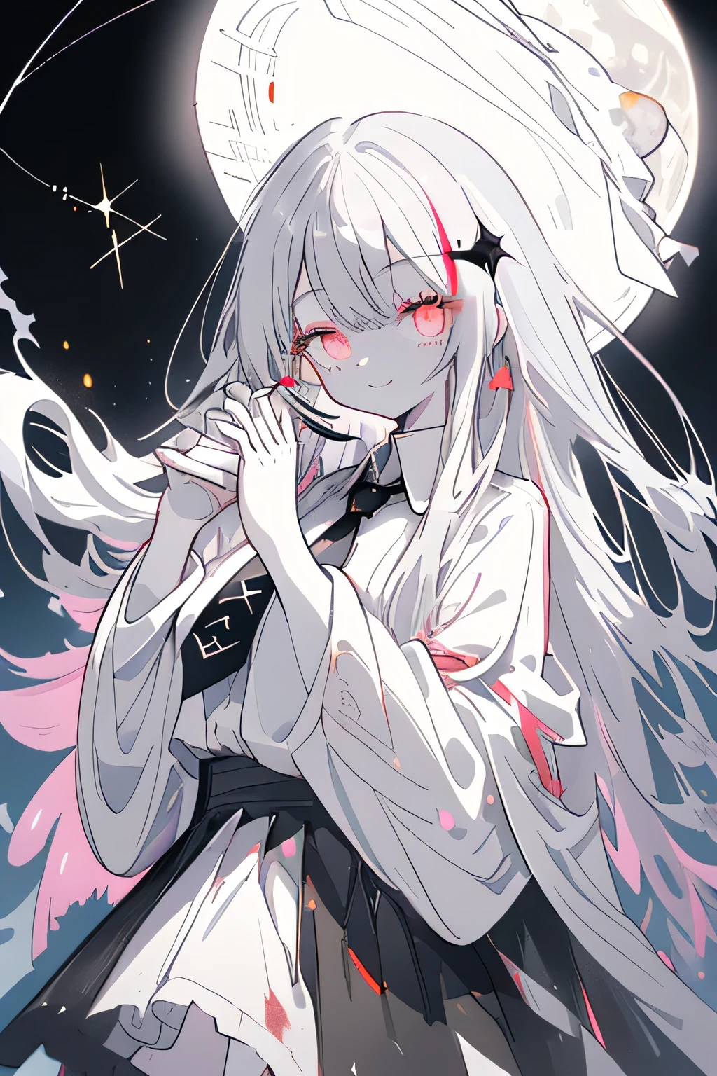 Young girl、human、The always smiling wizard、Large witch hat 、cute、Long grey hair、Red eyes and slightly slanted eyes、Bangs are heavy、Thin eyebrows、Fantasy、Intake、Double teeth、Star motif、Constellation motifonochrome clotheetal look decoration、Cape、A little dark atmosphere、A slightly crazy smile、Outside at night, the big moon is shining、Blood splatter、Black star hair ornament、Short necktie、No nails、High Waist Skirt、Flared sleeves、Long sleeve shirt、Black tie、Low exposure、Mr.々A haze、Yellow and white effect、Shocking pink as an accent color