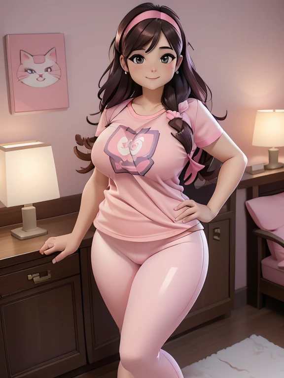 (best quality:1.4),(mature face), (((best quality))), illustration, perfect lighting, Colorful, Bright_Front_face_Lighting, ultra high res, (Beautiful, medium breasts:1.2), (thick thighs:1.1), (42 years old:1.2), THICK, 1Girl, Ultra High Resolution, Solo, Imagine D.VA as a MILF, plus sized milf, Korean woman, slight wrinkles around the face, MILF figure, Pink Headband, long brown hair Pink Eyes, Pink Cat-Like facial markings, plump figure, love handles, muffin-top, ((Wearing Pink oversized shirt, blue leggings and ugg boots)), standing, hands on hips, posing for the camera, art by Artgerm, indoors, living room background