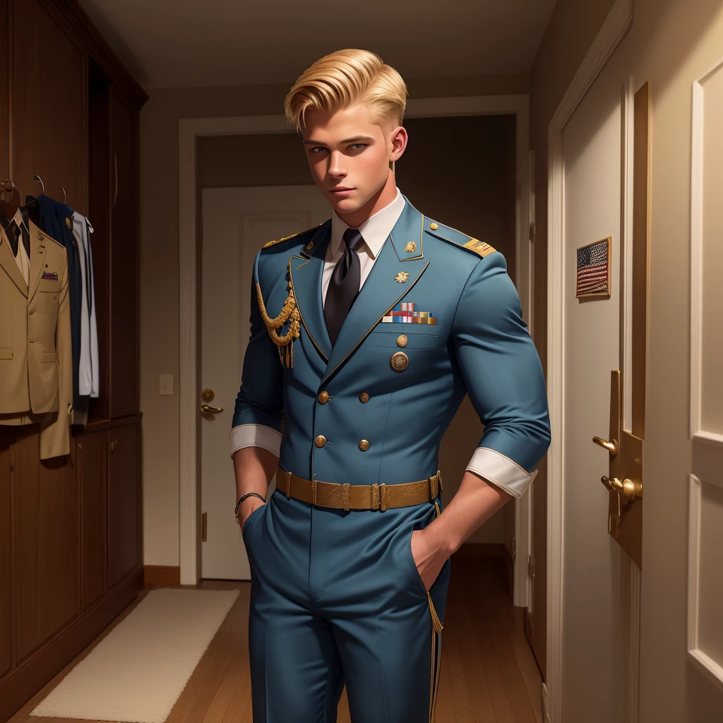 Illustration in the style of Leyendecker: A handsome blond boy, , dressed only in swimming trunks, looks at the dress SEAL officer's uniform with awards, which hangs on a suit hanger on the floor. A muscular blond SEAL officer is watching him from behind, 35 years old, dressed only in string, handsome and arrogant.