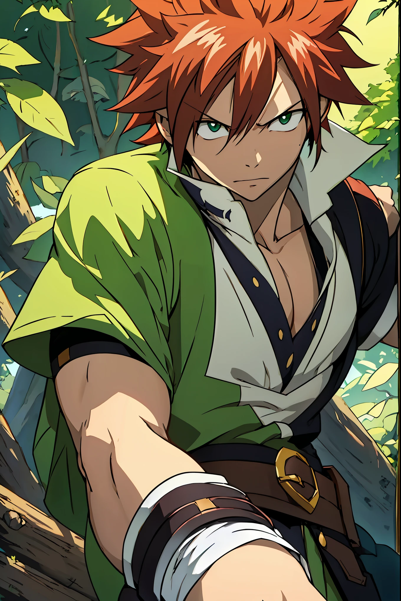 ((arte estilo anime)), (the highest image quality), (detailed strokes), Looking at the Viewer, facing the viewer , showing the whole body, ,  He is a , very white skin, He has slightly disheveled ginger hair ,  light green eyes, , muscular body , anime art style Fairy Tail , sexy face, He is dressed in the anime male clothes "Fairy Tail",  , 8k, high quality, masterpiece, , cinematic, vivid colors, shining green eyes 